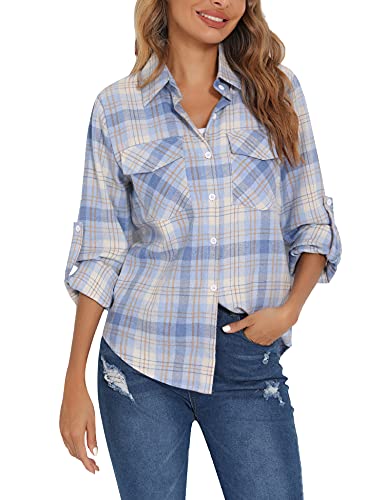 Enjoyoself Damen Karierte Bluse 100% Baumwolle Flanellhemd Langarm Holzfällerhemd Button-down Karobluse für Frühling Herbst Hellblau,S von Enjoyoself