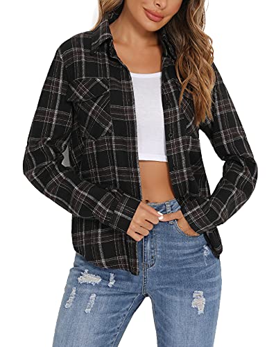 Enjoyoself Damen Karierte Bluse 100% Baumwolle Flanellhemd Langarm Holzfällerhemd Button-down Karobluse für Frühling Herbst Schwarz,S von Enjoyoself