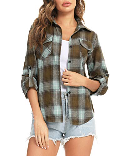 Enjoyoself Damen Karohemd 100% Baumwolle Holzfäller Langarm Button-down Flanellhemd Boyfriend Karierte Bluse braun+grün,M von Enjoyoself