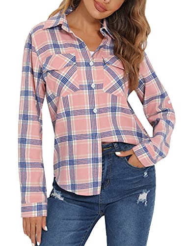 Enjoyoself Damen Karohemd 100% Baumwolle Holzfäller Langarm Button-down Flanellhemd Boyfriend Karierte Bluse für Herbst Hellrosa,M von Enjoyoself