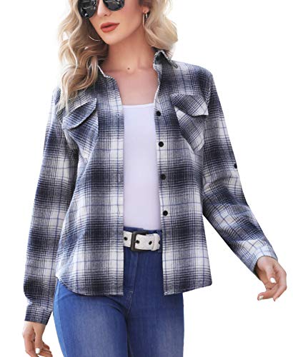 Enjoyoself Damen Karohemd 100% Baumwolle Holzfäller Langarm Button-down Flanellhemd Boyfriend Karierte Bluse weiß+schwarz,S von Enjoyoself