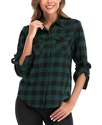 Enjoyoself Damen Karohemd Baumwolle Holzfäller Bluse Langarm Button-down Flanellhemd Boyfriend Karierte Bluse für Alltag Oktoberfest,Grün,M von Enjoyoself