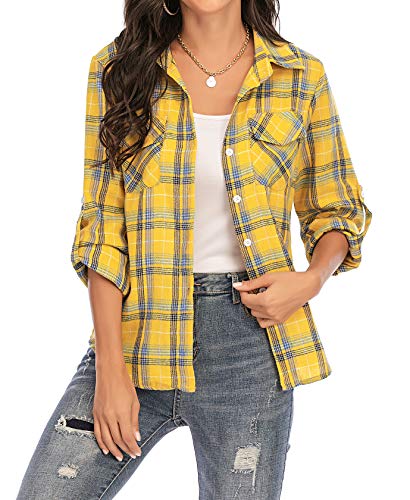 Enjoyoself Damen Karohemd Baumwolle Holzfäller Bluse Langarm Button-down Flanellhemd Boyfriend Karierte Bluse für Alltag Oktoberfest Gelb,S von Enjoyoself