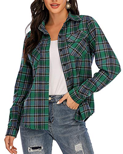 Enjoyoself Damen Karohemd Baumwolle Holzfäller Bluse Langarm Button-down Flanellhemd Boyfriend Karierte Bluse für Alltag Oktoberfest Grün-blau,S von Enjoyoself