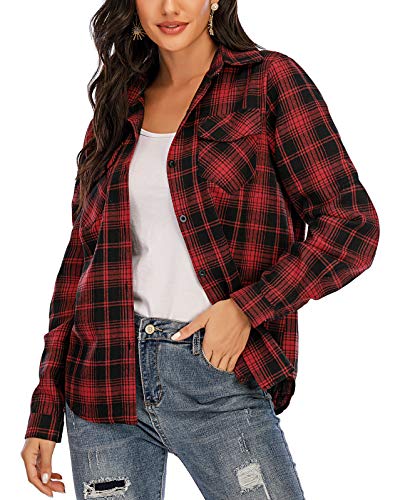 Enjoyoself Damen Karohemd Baumwolle Holzfäller Bluse Langarm Button-down Flanellhemd Boyfriend Karierte Bluse für Alltag Rot(Fein Karo),XL von Enjoyoself