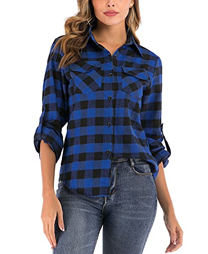 Enjoyoself Damen Karrierte Bluse Langarm Karo Flanell Hemden Baumwolle Button-down Hemdbluse für Alltag und Oktoberfest,Blau-Schwarz,L von Enjoyoself