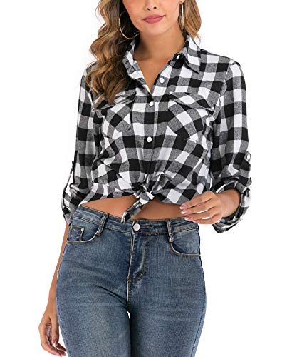 Enjoyoself Damen Karrierte Bluse Langarm Karo Flanell Hemden Baumwolle Button-down Hemdbluse für Alltag und Oktoberfest,Schwarz-Weiß,L von Enjoyoself