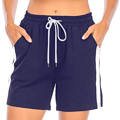 Enjoyoself Damen Kurze Sporthose Baumwolle Sommer Sweatshorts mit Tasche Tunnelzug Kontrastfarbene Sportshorts,Navyblau XXL von Enjoyoself