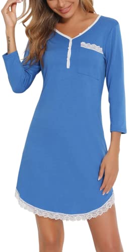 Enjoyoself Damen Kurzes Nachthemd Elegant 3/4 Arm Spitzen Schlafshirt mit Knopfleiste Weich Baumwolle Nachtwäsche Stillnachthemd Blau,L von Enjoyoself