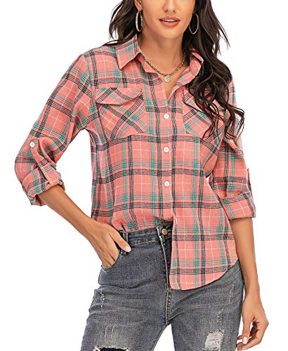 Enjoyoself Damen Langarm Karierte Bluse Baumwolle Flanellhemd Button Down Boyfriend Blusen für Alltag Oktoberfest Rosa,S von Enjoyoself