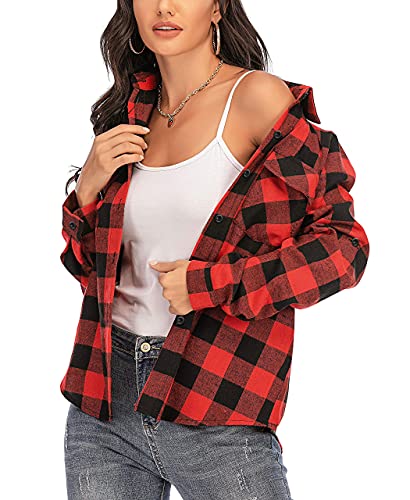 Enjoyoself Damen Langarm Karierte Bluse Baumwolle Flanellhemd Button Down Boyfriend Blusen für Alltag Oktoberfest Rot,S von Enjoyoself