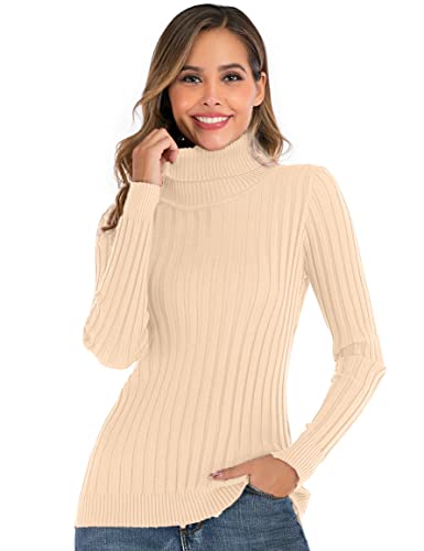 Enjoyoself Damen Langarm Rollkragenpullover Gerippt Feinstrick Rolli Basic Stretch Winterpulli Elegant Warm Sweatshirt Apricot,S von Enjoyoself