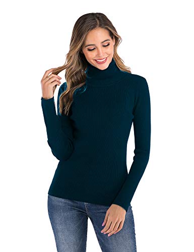 Enjoyoself Damen Langarm Rollkragenpullover Gerippt Feinstrick Rolli Basic Stretch Winterpulli Elegant Warm Sweatshirt Blau,S von Enjoyoself