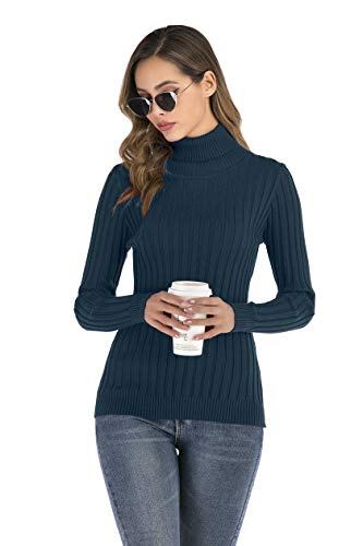 Enjoyoself Damen Langarm Rollkragenpullover Gerippt Feinstrick Rolli Basic Stretch Winterpulli Elegant Warm Sweatshirt Blau,S von Enjoyoself