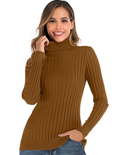 Enjoyoself Damen Langarm Rollkragenpullover Gerippt Feinstrick Rolli Basic Stretch Winterpulli Elegant Warm Sweatshirt Kamel,L von Enjoyoself