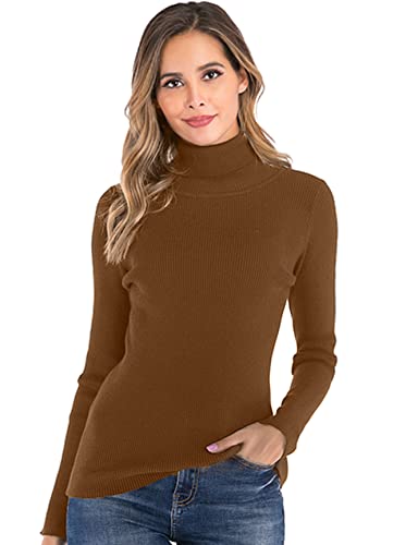 Enjoyoself Damen Langarm Rollkragenpullover Gerippt Feinstrick Rolli Basic Stretch Winterpulli Elegant Warm Sweatshirt Kamel,S von Enjoyoself