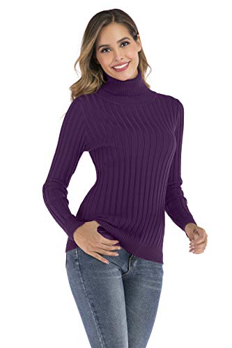 Enjoyoself Damen Langarm Rollkragenpullover Gerippt Feinstrick Rolli Basic Stretch Winterpulli Elegant Warm Sweatshirt Lila,M von Enjoyoself