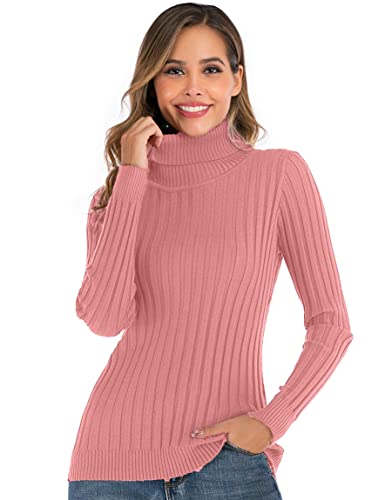 Enjoyoself Damen Langarm Rollkragenpullover Gerippt Feinstrick Rolli Basic Stretch Winterpulli Elegant Warm Sweatshirt Rosa,M von Enjoyoself