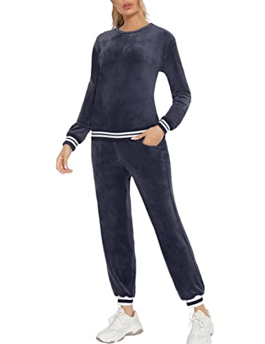 Enjoyoself Damen Nicki Hausanzug Kuschelig 2 Teiliger Velour Jogginganzug mit Bündchen Rundhals Samtweich Homewear für Herbst Winter Grau,XXL von Enjoyoself