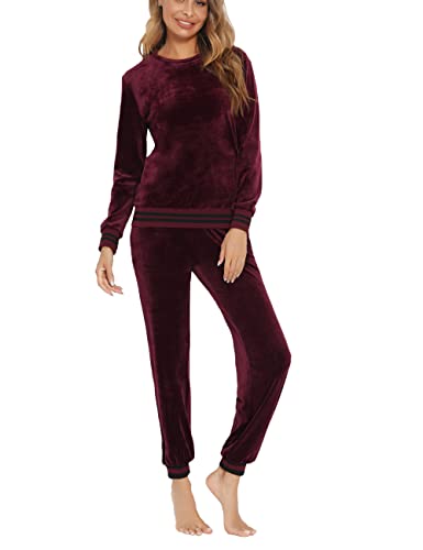 Enjoyoself Damen Nicki Hausanzug Kuschelig 2 Teiliger Velour Jogginganzug mit Bündchen Rundhals Samtweich Homewear für Herbst Winter Weinrot,M von Enjoyoself