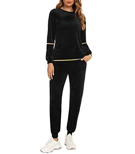 Enjoyoself Damen Nicki Hausanzug Samtweich 2 Teilig Trainingsanzug mit Paillette Warmer Schlafanzug Ohne Kapuze Rundhals Pullover+Relaxhose Schwarz,M von Enjoyoself