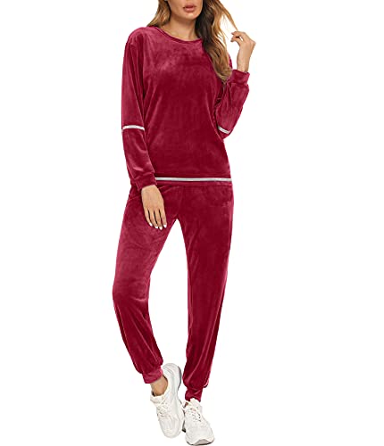 Enjoyoself Damen Nicki Hausanzug Samtweich 2 Teilig Trainingsanzug mit Paillette Warmer Schlafanzug Ohne Kapuze Rundhals Pullover+Relaxhose Weinrot,M von Enjoyoself