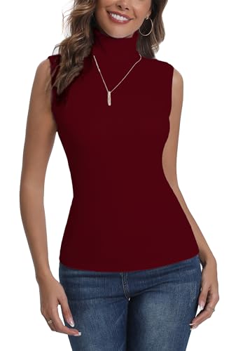 Enjoyoself Damen Rolli Top Ärmelloses Rollkragenshirt Gerippt Dünn Leicht Unterziehrolli Dehnbar Basic Top mit Stehkragen Weinrot,L von Enjoyoself