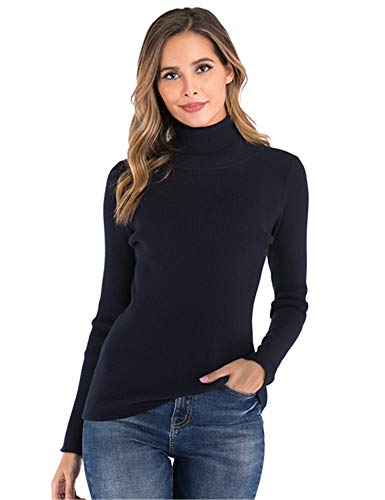 Enjoyoself Damen Strickpullover mit Rollkragen Langarm Rippstrick Pullover Kuschelig Stretch Rolli für Winter Navyblau,L von Enjoyoself