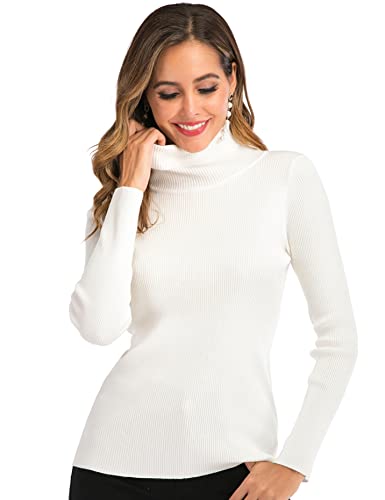 Enjoyoself Damen Strickpullover mit Rollkragen Langarm Rippstrick Pullover Kuschelig Stretch Rolli für Winter Weiß,L von Enjoyoself