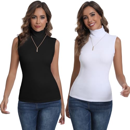 Enjoyoself Damen Rollkragen Top 2er Set Ärmellos Rollishirt Dünn Weich Stretch Unterziehrolli Basic Rolli Schwarz+Weiß,M von Enjoyoself