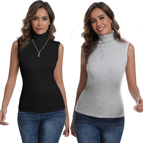 Enjoyoself Damen Rollkragen Top 2er Set Ärmellos Rollishirt Dünn Weich Stretch Unterziehrolli Basic Rolli Sschwarz+Grau,XL von Enjoyoself
