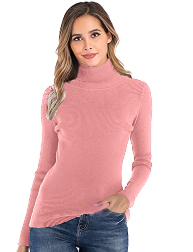 Enjoyoself Damen Rollkragenpullover Langarm Rippen Feinstrick Rolli mit Stehkragen Warm Stretch Sweatshirt für Herbst Winter Rosa,M von Enjoyoself