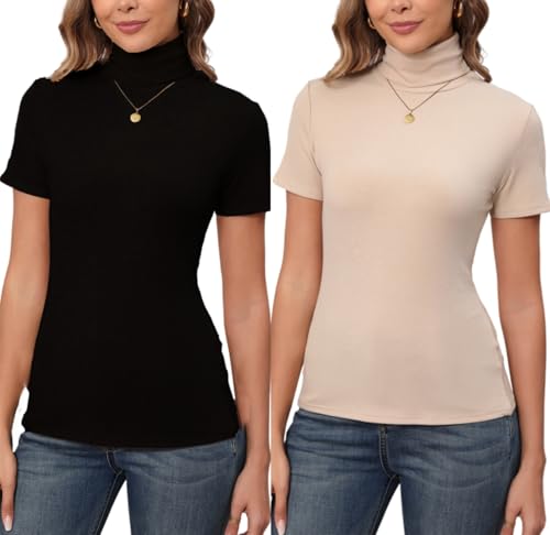 Enjoyoself Damen Rollkragenshirt Eleagant Kurzarm Strickpullover Basic Leichtes Rollishirt Unterziehrolli Slim Fit schwarz,beige,M von Enjoyoself