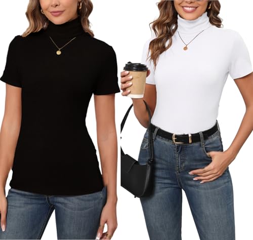 Enjoyoself Damen Rollkragenshirt Eleagant Kurzarm Strickpullover Basic Leichtes Rollishirt Unterziehrolli Slim Fit schwarz,weiß,M von Enjoyoself
