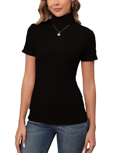 Enjoyoself Damen Rollkragenshirt Elegant Kurzarm Strickpullover Basic Leichtes Rollishirt Unterziehrolli Slim Fit schwarz,M von Enjoyoself