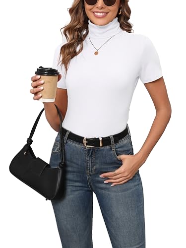 Enjoyoself Damen Rollkragenshirt Elegant Kurzarm Strickpullover Basic Leichtes Rollishirt Unterziehrolli Slim Fit weiß,XXL von Enjoyoself