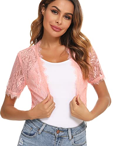 Enjoyoself Damen Spitzen Bolero Kurzarm Elegante Festliche Bolerojacke Leicht Luftig Jäckchen Sommer Schulterjacke zum Top Kleid Rosa,XXL von Enjoyoself