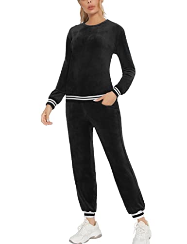 Enjoyoself Damen Velours Hausanzug Kuschelig Jogginganzug mit Gestreift Bündchen 2 Teilig Sportlich Anzug für Zuhause Freizeit Schwarz,S von Enjoyoself