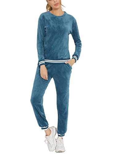 Enjoyoself Damen Velours Traningsanzug Samtweich Hausanzug mit Gerippt Bündchen Langarm Rundhals Pullover+Lange Hose mit Tasche Blau,XXL von Enjoyoself