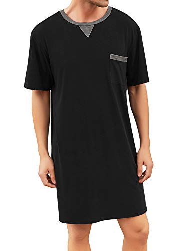 Enjoyoself Herren Kurzarm Nachthemd Baumwolle Leicht Luftig Lang Nachtwäsche Shirt Praktisch Sleepshirt für Krankhaus Schwarz,M von Enjoyoself