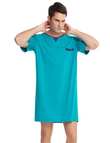 Enjoyoself Herren Kurzarm Nachthemd Baumwolle Leicht Luftig Lang Nachtwäsche Shirt Praktisch Sleepshirt für Krankhaus Türkis,L von Enjoyoself