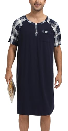 Enjoyoself Herren Kurzarm Nachthemd Knielang Pyjamaoberteil Baumwolle Leicht Luftig V Ausschnitt Schlafshirt mit 3 Knöpfe,4XL von Enjoyoself