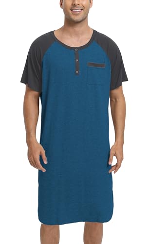 Enjoyoself Herren Kurzarm Nachthemd Knielang Pyjamaoberteil Baumwolle Leicht Luftig V Ausschnitt Schlafshirt mit 3 Knöpfe blau,XXL von Enjoyoself