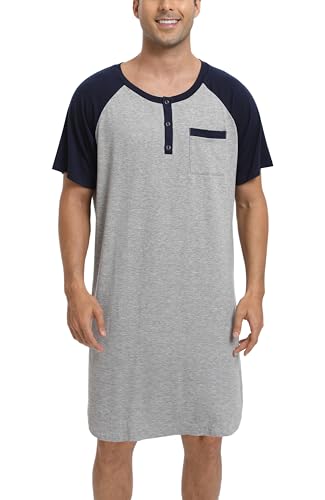 Enjoyoself Herren Kurzarm Nachthemd Knielang Pyjamaoberteil Baumwolle Leicht Luftig V Ausschnitt Schlafshirt mit 3 Knöpfe grau,3XL von Enjoyoself