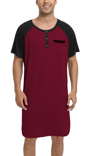 Enjoyoself Herren Kurzarm Nachthemd Knielang Pyjamaoberteil Baumwolle Leicht Luftig V Ausschnitt Schlafshirt mit 3 Knöpfe weinrot,M von Enjoyoself