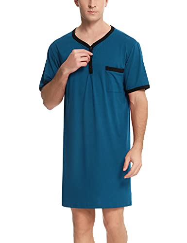 Herren Nachthemd Baumwolle Kuschelig Kurzarm Runhals Nachtwäsche Shirt mit Seitenschlitze Luftig Einteilig Schlafanzug Blau,L von Enjoyoself