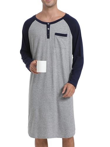 Enjoyoself Herren Nachthemd Knielang Langarm Schlafhemd Leicht Luftig V Ausschnitt Nightshirt mit 3 Knöpfe grau,XL von Enjoyoself