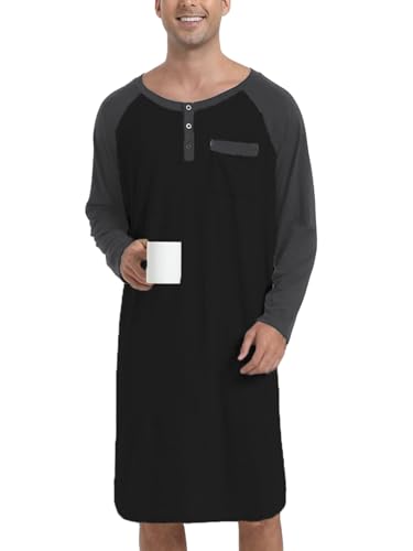 Enjoyoself Herren Nachthemd Knielang Langarm Schlafhemd Leicht Luftig V Ausschnitt Nightshirt mit 3 Knöpfe schwarz,L von Enjoyoself