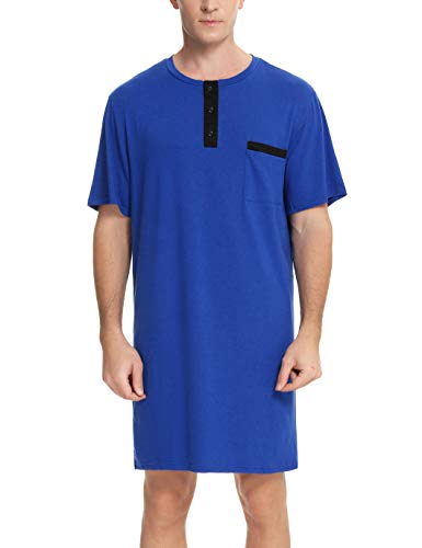 Enjoyoself Herren Nachthemd Kurzarm Baumwolle Einteiliger Schlafanzug Luftig Lang Nachtwäsche Shirt mit Knopfleiste Praktisch Sleepshirt Blau,L von Enjoyoself