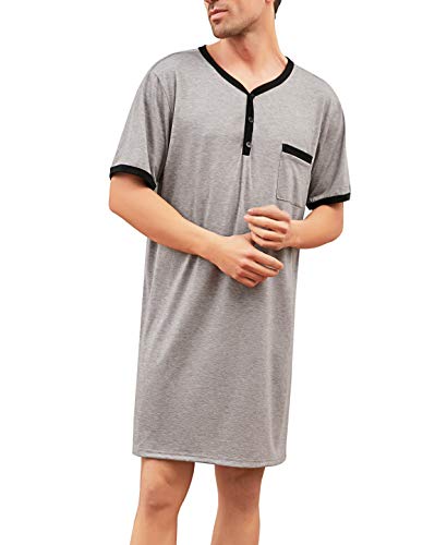 Enjoyoself Herren Nachthemd Kurzarm Baumwolle Einteiliger Schlafanzug Luftig Lang Nachtwäsche Shirt mit Knopfleiste Praktisch Sleepshirt Grau,L von Enjoyoself